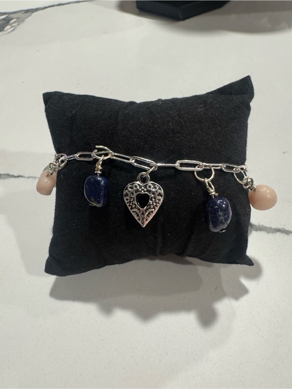 Handmade silver Charm Bracelet with fluorite, lapis and moonstone stone charm